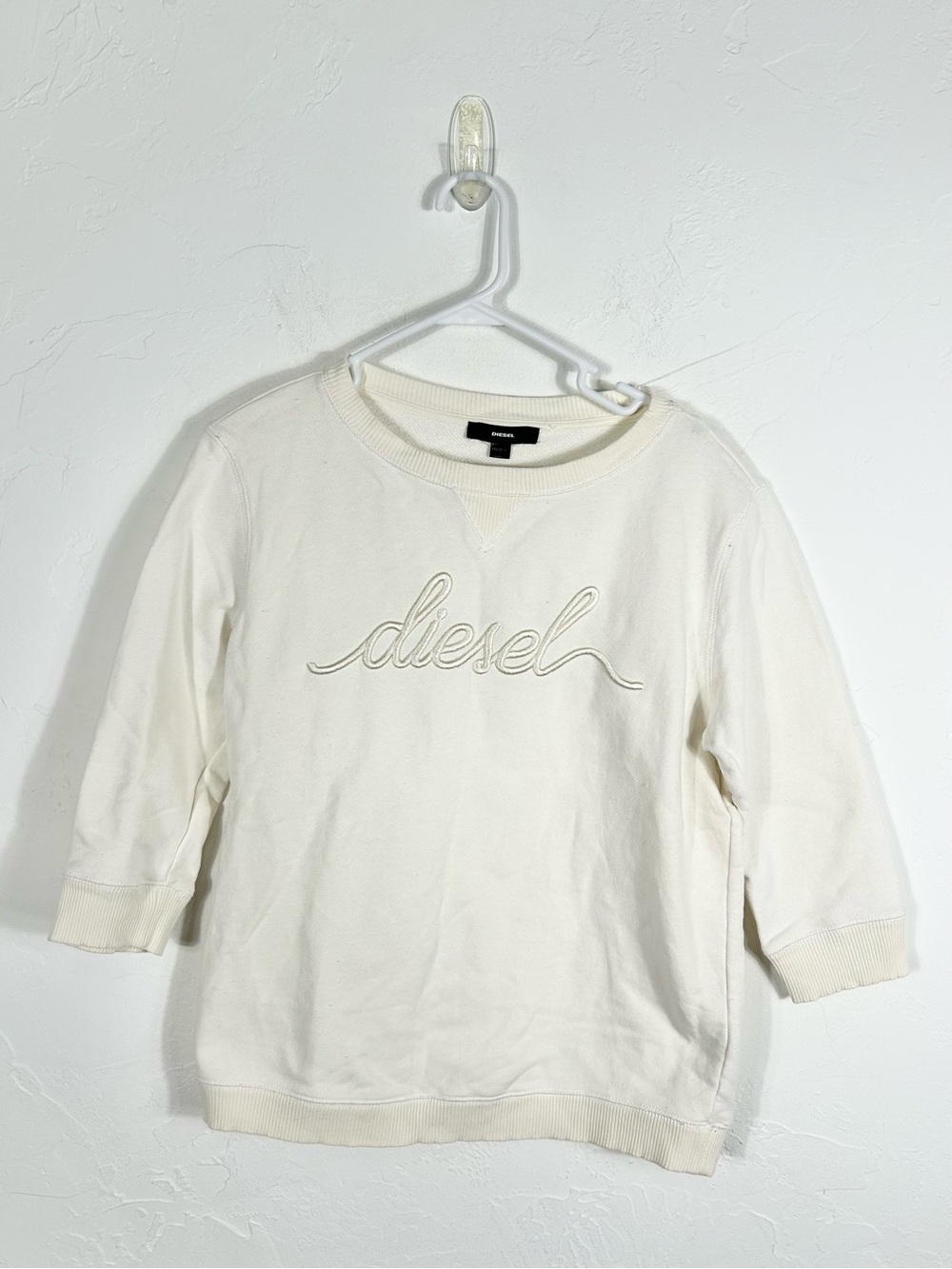 Diesel Women's White Cursive Script Embroidered Logo Sweatshirt 3/4 Sleeve